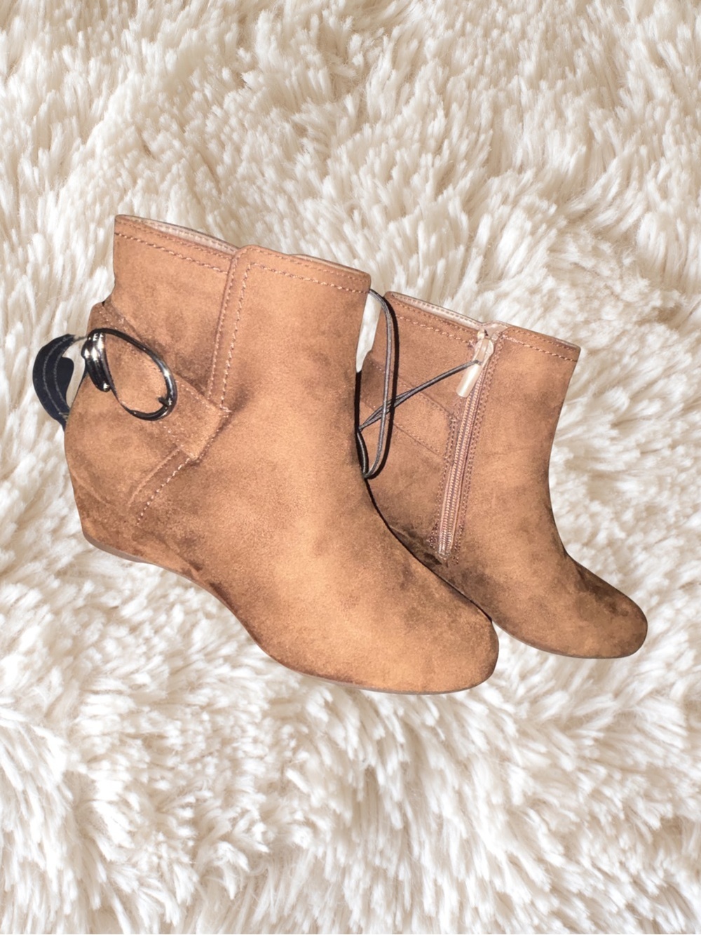 East 5th Tan Suede Wedge Ankle Booties with Buckle Detail